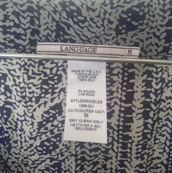 Language 100% Silk Blue Ombre Boho Printed Roll Tab Long Sleeve Blouse Medium - Picture 9 of 9